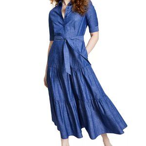Calvin Klein Collared Chambray Tiered Midi Maxi Shirt Dress With Pockets NWOT